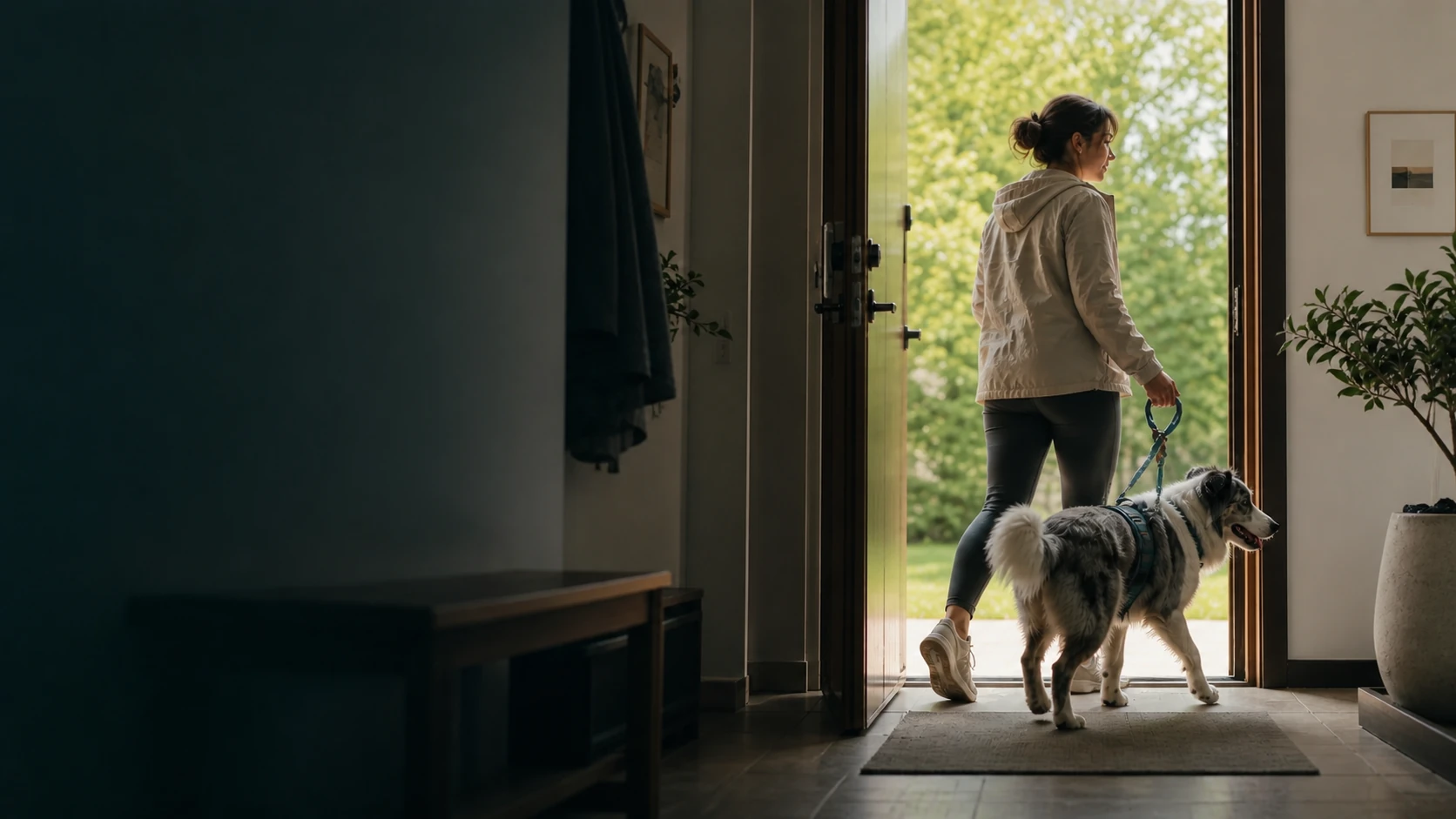 A dog and its owner stepping through the front door for a walk