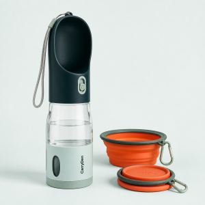 CarryDen TrailSip pet travel bottle and collapsible bowl concept image