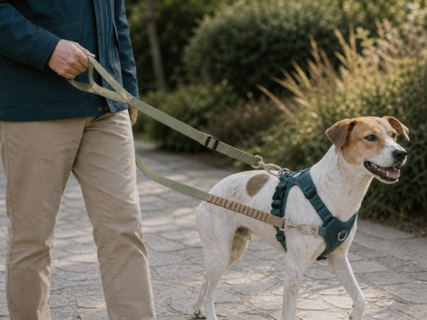 Double-ended bungee leash connected to the dog harness at the chest and back