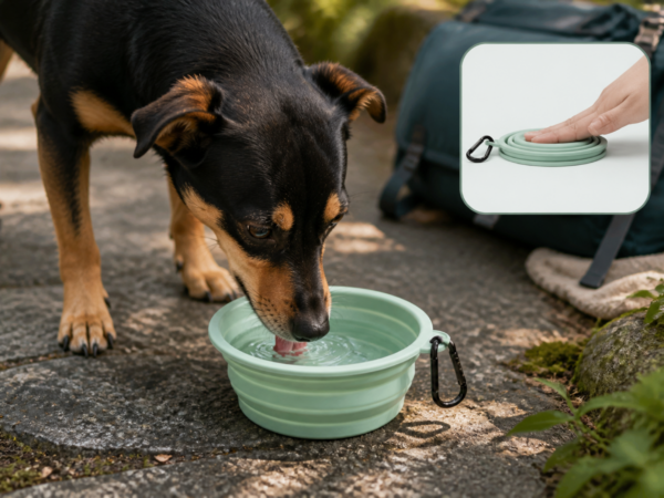 Dog drinking from the open travel bowl beside its folded state