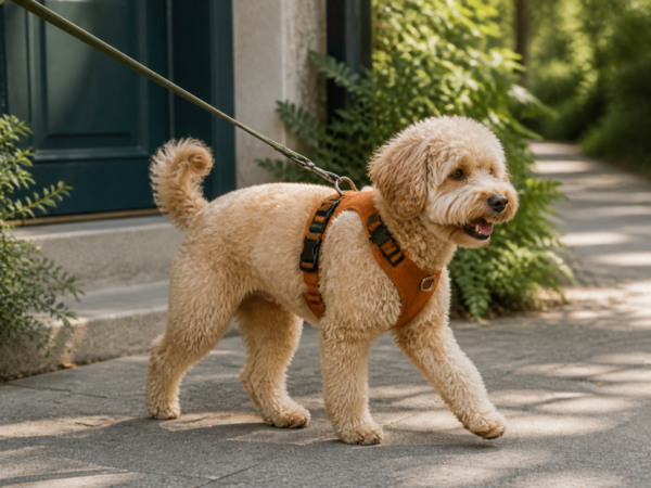 Dog wearing the soft harness with the chest fit and leash connection visible