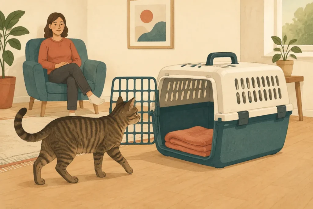 Illustration of a cat approaching an open, ventilated carrier with familiar bedding while a person waits at a distance