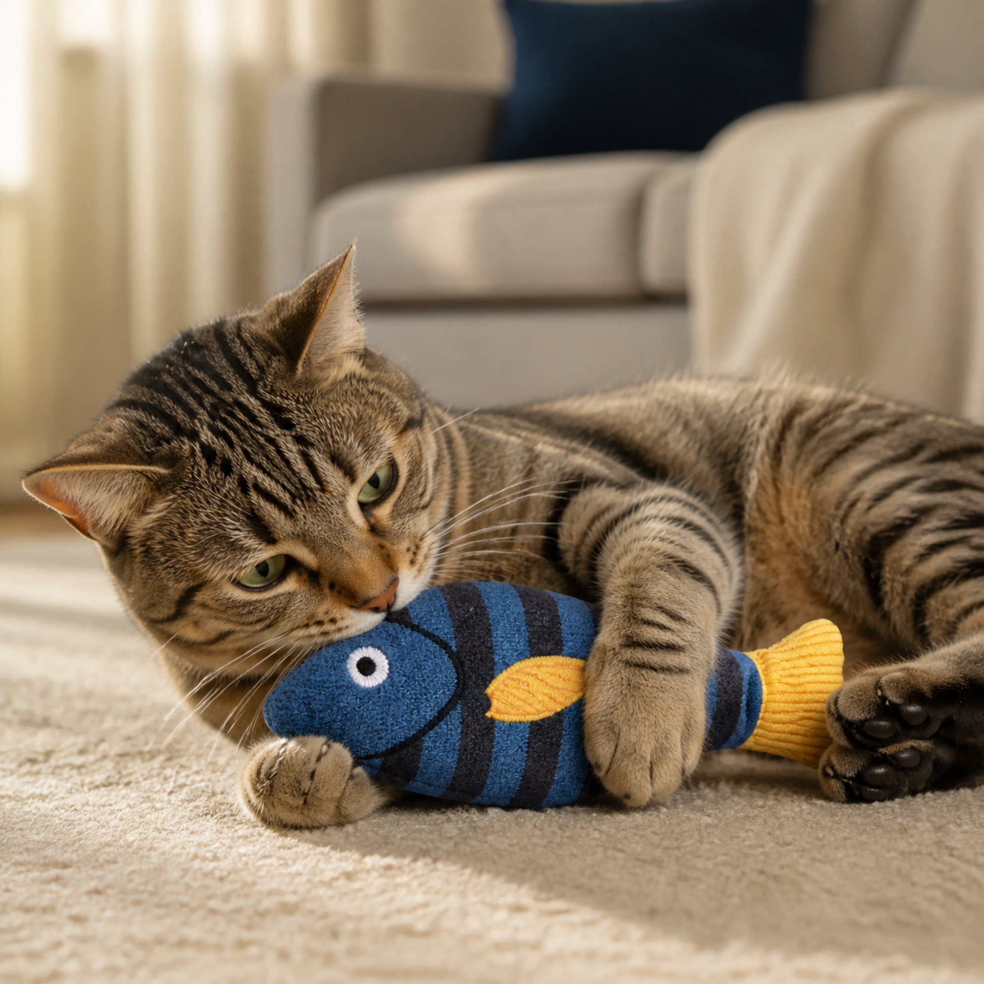 Catnip Fish Toy shown in use