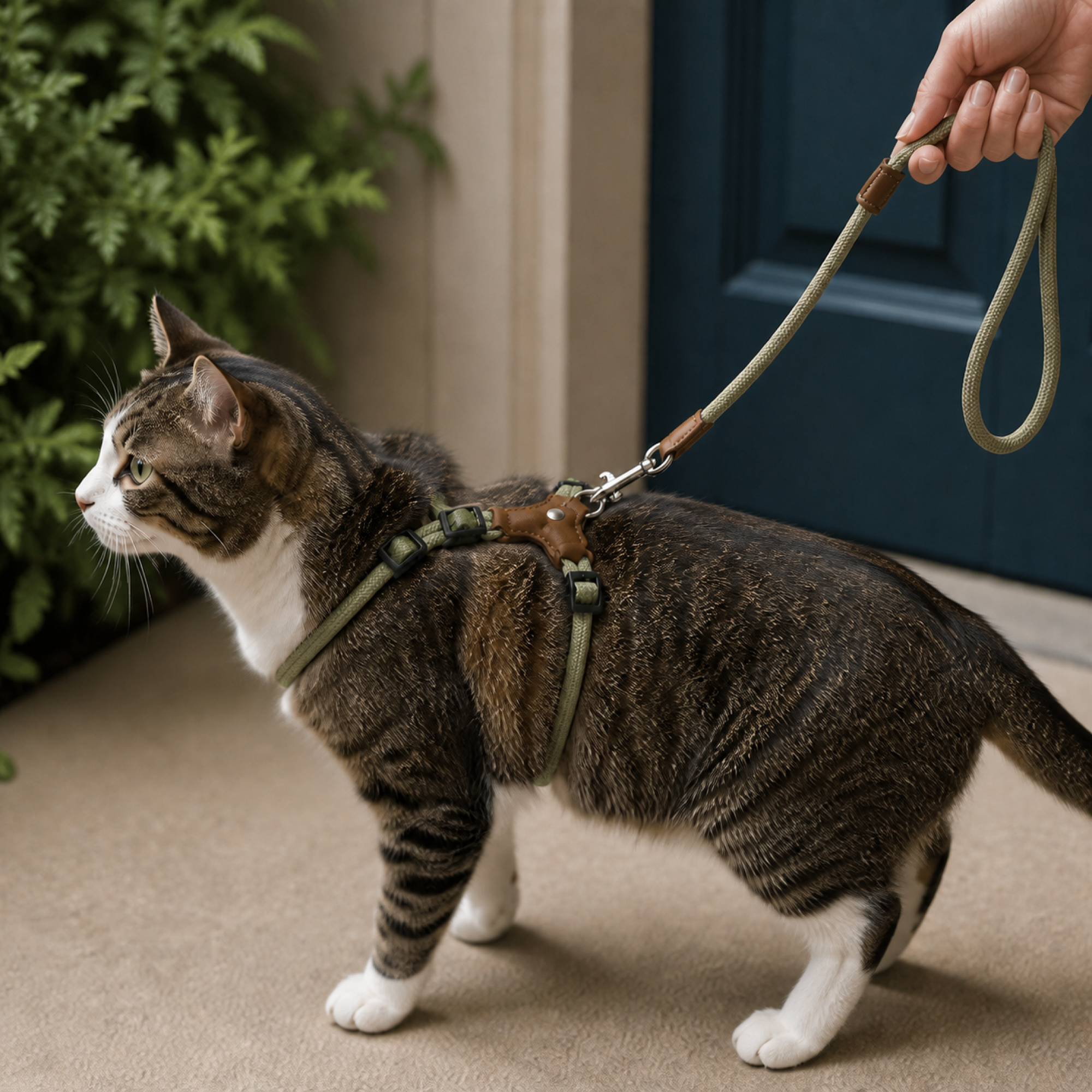 Leather-Rope Cat Harness & Leash shown in use